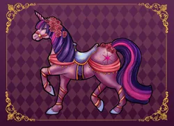 Size: 800x582 | Tagged: safe, artist:tiny-owl, derpibooru import, twilight sparkle, bow, bridle, flower, raised hoof, ribbon, saddle, smiling, solo, strap