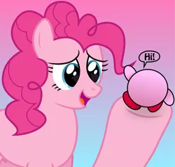 Size: 6443x6137 | Tagged: absurd resolution, .ai available, crossover, derpibooru import, hi, holding, kirby, kirby (character), open mouth, pinkie pie, safe, simple background, smiling, vector, waving