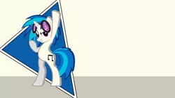 Size: 1920x1080 | Tagged: safe, artist:likonan, artist:mateo-thefox, derpibooru import, vinyl scratch, pony, unicorn, abstract background, bipedal, female, hooves, horn, mare, smiling, solo, sunglasses, teeth, triangle, vector, wallpaper