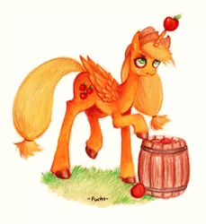 Size: 1084x1184 | Tagged: safe, artist:-fuchs-, derpibooru import, applejack, alicorn, pony, alicornified, annoyed, apple, applecorn, colored, race swap, scrunchy face, simple background, solo, traditional art