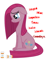 Size: 768x1024 | Tagged: artist:pieski, crying, derpibooru import, disembodied thoughts, pinkamena diane pie, pinkie pie, sad, sad smile, safe, simple background, sleeping pills, solo, suicide, tears of joy, transparent background, vector