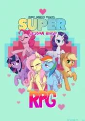 Size: 1280x1831 | Tagged: safe, artist:purmu, derpibooru import, applejack, fluttershy, pinkie pie, rainbow dash, rarity, twilight sparkle, twilight sparkle (alicorn), alicorn, pony, super lesbian horse rpg, female, flutterdash, heart, kissing, lesbian, mane six, mare, shipping