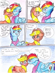 Size: 2514x3300 | Tagged: safe, artist:tristanjsolarez, derpibooru import, applejack, rainbow dash, earth pony, pegasus, pony, comic:trans ponies, appledash, blue background, blushing, clothes, crying, duo, female, flirting, high res, male, mare, nuzzling, scarf, shipping, simple background, stallion, straight, tears of joy, traditional art, transgender