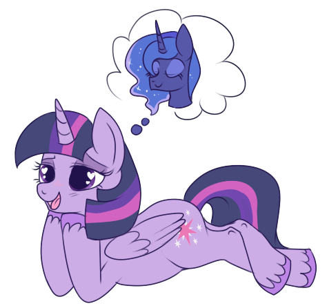 Size: 474x443 | Tagged: safe, artist:lulubell, derpibooru import, princess luna, twilight sparkle, twilight sparkle (alicorn), alicorn, pony, female, lesbian, mare, shipping, simple background, thought bubble, transparent background, twiluna