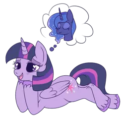 Size: 474x443 | Tagged: safe, artist:lulubell, derpibooru import, princess luna, twilight sparkle, twilight sparkle (alicorn), alicorn, pony, female, lesbian, mare, shipping, simple background, thought bubble, transparent background, twiluna