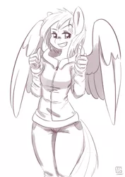 Size: 1280x1811 | Tagged: anthro, artist:gela-g-i-s-gela, clothes, derpibooru import, fonzie, grayscale, hoodie, monochrome, pants, rainbow dash, safe, simple background, solo, thumbs up
