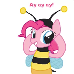 Size: 542x541 | Tagged: safe, artist:auraion, derpibooru import, pinkie pie, bee, earth pony, pony, bipedal, bumblebee, bumblebee man, clothes, costume, cute, diapinkes, female, grin, looking at you, mare, simple background, smiling, solo, the simpsons, white background