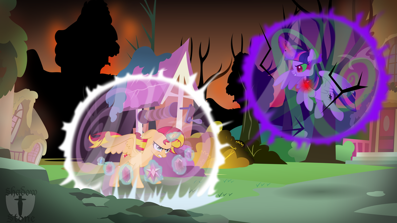 Size: 5760x3240 | Tagged: safe, artist:theshadowstone, derpibooru import, sunset shimmer, twilight sparkle, twilight sparkle (alicorn), alicorn, pony, absurd resolution, alicorn amulet, alicornified, alternate universe, colored horn, corrupted, corrupted twilight sparkle, curved horn, dark magic, element of generosity, element of honesty, element of kindness, element of laughter, element of loyalty, element of magic, elements of harmony, fight, hilarious in hindsight, horn, magic, race swap, role reversal, shimmercorn, sombra eyes, sombra horn, sombra's horn, tyrant sparkle, vector, wallpaper