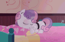Size: 900x579 | Tagged: safe, artist:pageturner1988, derpibooru import, sweetie belle, pony, robot, unicorn, animated, bed, breathing, cute, diasweetes, eyes closed, female, filly, foal, gif, hooves, horn, lying down, open mouth, pillow, recharging, sleeping, solo, sweetie bot