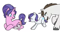 Size: 3700x2000 | Tagged: safe, artist:kianamai, derpibooru import, cookie crumbles, hondo flanks, rarity, sweetie belle, pony, baby, baby belle, baby pony, butt touch, cookieflanks, cute, eyes closed, foal, kilala97 is trying to murder us, newborn, open mouth, prone, pushing, raised hoof, raised leg, rarity's parents, rump push, sleeping, smiling, teenager, underhoof, wide eyes, younger