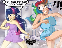 Size: 900x696 | Tagged: artist:megasweet, bad edit, breasts, busty rainbow dash, derpibooru import, edit, female, human, humanized, light skin, rainbow dash, spanking, suggestive, towel, towel snap, twilight sparkle