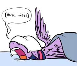 Size: 700x600 | Tagged: dead source, safe, artist:karpet-shark, derpibooru import, twilight sparkle, twilight sparkle (alicorn), alicorn, pony, twily-daily, blanket, descriptive noise, drool, female, horse noises, horses doing horse things, majestic as fuck, mare, open mouth, pillow, pillow hat, prone, sleeping, solo, speech bubble, spread wings