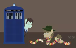 Size: 1119x714 | Tagged: artist:sasukex125, clothes, david tennant, derpibooru import, doctor who, fourth doctor, pointy ponies, safe, scarf, tardis, tenth doctor, tom baker