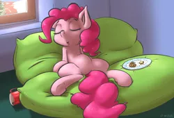 Size: 1644x1119 | Tagged: after party, artist:draneas, atryl-ish, beanbag chair, bloated, christmas, cookie, food, food coma, messy, pinkie pie, safe, sleeping, solo