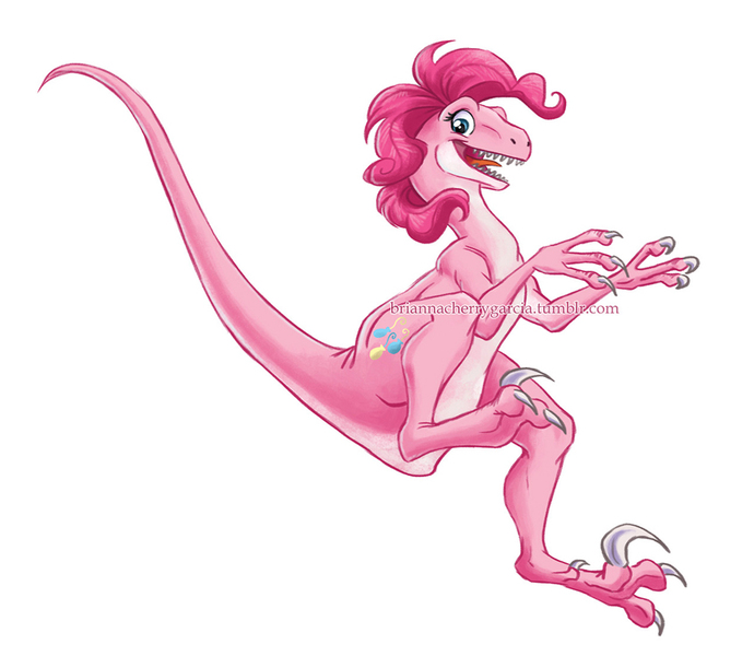 Size: 862x750 | Tagged: artist:briannacherrygarcia, derpibooru import, dinosaur, dinosaurified, obtrusive watermark, open mouth, pinkie pie, prehistoric, safe, simple background, smiling, solo, species swap, velociraptor, watermark, white background