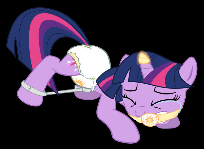 Size: 835x614 | Tagged: artist:oliver-england, bondage, crying, derpibooru import, diaper, diaper bondage, diaper fetish, horn cap, implied princess celestia, magic suppression, pacifier gag, questionable, solo, spreader bar, story in the source, twilight sparkle