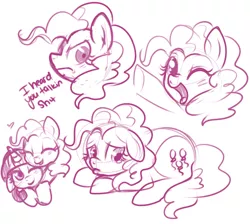 Size: 500x447 | Tagged: safe, artist:lulubell, derpibooru import, pinkie pie, twilight sparkle, angry, cuddling, eyes closed, floppy ears, frown, happy, heart, looking at you, monochrome, open mouth, pouting, prone, sad, shipping, simple background, sketch dump, smiling, snuggling, twinkie, vulgar, white background, wink