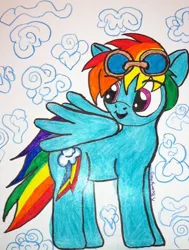 Size: 517x683 | Tagged: artist:moonstonewind, crayon drawing, derpibooru import, goggles, rainbow dash, safe, solo, traditional art