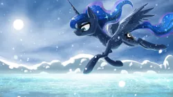 Size: 1920x1080 | Tagged: artist:uglytree, derpibooru import, flying, princess luna, safe, snow, snowfall, solo, wallpaper, winter