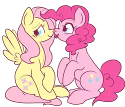 Size: 550x471 | Tagged: safe, artist:lulubell, derpibooru import, fluttershy, pinkie pie, blushing, boop, female, flutterpie, lesbian, noseboop, shipping, simple background, tongue out, transparent background