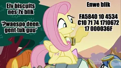Size: 600x338 | Tagged: safe, derpibooru import, edit, edited screencap, screencap, dust devil, fluttershy, spring skies, warm front, pegasus, pony, hurricane fluttershy, biscuits, failcode, female, gibberish, goggles, grin, image macro, linguini-ist required, mare, meme, numbers, smiling, solo focus, text, waving