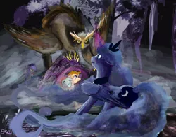 Size: 1455x1142 | Tagged: safe, artist:owlvortex, derpibooru import, princess luna, alicorn, owlbear, pony, ethereal mane, female, mare, night guard, owlursus