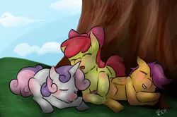 Size: 1652x1100 | Tagged: safe, artist:cnat, derpibooru import, apple bloom, scootaloo, sweetie belle, pony, cutie mark crusaders, eyes closed, sleep pile, sleeping, tree, trio, under the tree