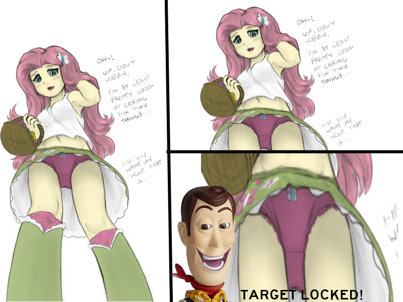 Size: 800x600 | Tagged: suggestive, artist:alloyrabbit, artist:hgrobo, derpibooru import, edit, fluttershy, equestria girls, armpits, belly button, boots, breasts, clothes, colored, female, frilly underwear, giantess, hentai woody, implied sex, macro, meme, micro, offscreen character, panties, pink underwear, pov, shoes, skirt, solo, solo female, toy story, underwear, upskirt, woody