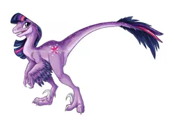 Size: 1156x800 | Tagged: safe, artist:briannacherrygarcia, derpibooru import, twilight sparkle, dinosaur, velociraptor, dinosaurified, feather, open mouth, simple background, smiling, solo, species swap, twilight sparkle (alicorn), watermark, white background