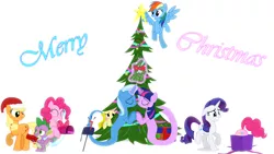 Size: 1920x1080 | Tagged: dead source, safe, artist:navitaserussirus, derpibooru import, applejack, fluttershy, pinkie pie, rainbow dash, rarity, spike, trixie, twilight sparkle, genie, christmas, christmas tree, female, hat, lesbian, magic, mane seven, mane six, mistletoe, present, shipping, tree, twixie