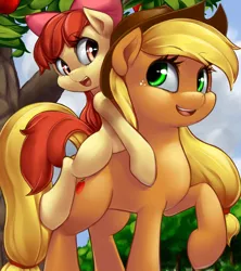 Size: 1600x1800 | Tagged: safe, artist:phurie, derpibooru import, apple bloom, applejack, earth pony, pony, adorabloom, apple, apple tree, applejack's hat, bonding, bow, cowboy hat, cute, duo, female, filly, food, freckles, hair bow, happy, hat, jackabetes, looking at each other, mare, open mouth, ponies riding ponies, riding, sisters, smiling, tree