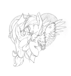 Size: 2054x2207 | Tagged: safe, artist:pajama-ham, derpibooru import, applejack, rainbow dash, appledash, female, lesbian, monochrome, shipping, traditional art