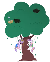 Size: 4414x5411 | Tagged: safe, artist:magerblutooth, derpibooru import, diamond tiara, sweetie belle, bird, earth pony, pony, unicorn, absurd resolution, backpack, female, filly, nest, parachute, simple background, transparent background, tree, tree sap, vector