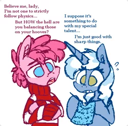 Size: 468x463 | Tagged: artist:artflicker, bubble berry, clothes, derpibooru import, dialogue, female, knitting, male, pinkie pie, pokeypie, pokey pierce, poppy pin, rule 63, safe, straight, sweater