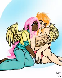 Size: 800x1000 | Tagged: safe, artist:artiedrawings, derpibooru import, big macintosh, fluttershy, human, breast binding, dark skin, drama, female, fluttermac, humanized, lesbian, light skin, rule 63, shipping, winged humanization