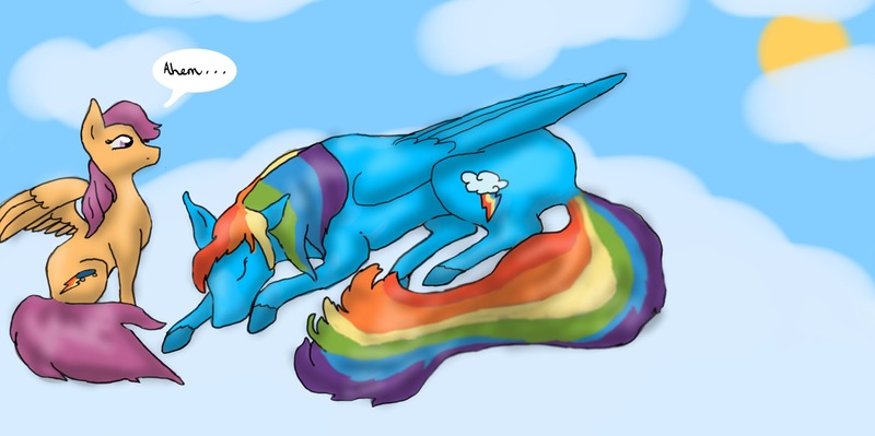 Size: 2560x1277 | Tagged: artist:alsationlover07, cloud, cloudy, derpibooru import, rainbow dash, safe, scootaloo, scootobsession, sleeping