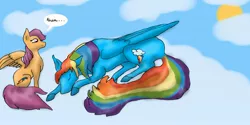 Size: 2560x1277 | Tagged: artist:alsationlover07, cloud, cloudy, derpibooru import, rainbow dash, safe, scootaloo, scootobsession, sleeping