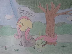 Size: 960x720 | Tagged: artist:quasarbooster, blushing, catsuit, fart, female, fert fetish, fluttershy, latex, smelly, solo, solo female, suggestive