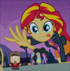 Size: 590x599 | Tagged: safe, derpibooru import, screencap, fluttershy, pinkie pie, rainbow dash, sunset shimmer, equestria girls, boots, exploitable, fall formal outfits, high heel boots, pip, pip pirrup, south park, sunset shimmer reaching for things, tongue out