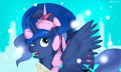 Size: 1920x1152 | Tagged: safe, artist:tetrapony, derpibooru import, princess luna, twilight sparkle, twilight sparkle (alicorn), alicorn, pony, d:, designated driver, female, floppy ears, mare, ponies riding ponies, pony hat, riding, sleeping