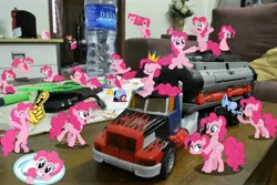 Size: 4608x3072 | Tagged: car, clone, dasani, derpibooru import, fun fun fun, happy, multeity, optimus prime, pinkie clone, pinkie pie, portal, safe, smiling, too many pinkie pies, too much pink energy is dangerous, toy, transformers, truck