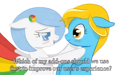 Size: 1504x926 | Tagged: suggestive, artist:xeirox, derpibooru import, edit, oc, oc:google chrome, oc:internet explorer, unofficial characters only, earth pony, pegasus, pony, blushing, browser ponies, caption, exploitable meme, female, google chrome, interchrome, interchrome meme, internet browser, internet explorer, lesbian, lesbian pony internet browsers, looking at each other, mare, meme, oc x oc, shipping