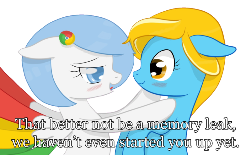 Size: 1504x926 | Tagged: safe, artist:xeirox, derpibooru import, edit, oc, oc:google chrome, oc:internet explorer, unofficial characters only, earth pony, pegasus, pony, blushing, browser ponies, caption, exploitable meme, female, google chrome, interchrome, interchrome meme, internet browser, internet explorer, lesbian, lesbian pony internet browsers, looking at each other, mare, meme, oc x oc, shipping
