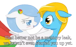 Size: 1504x926 | Tagged: safe, artist:xeirox, derpibooru import, edit, oc, oc:google chrome, oc:internet explorer, unofficial characters only, earth pony, pegasus, pony, blushing, browser ponies, caption, exploitable meme, female, google chrome, interchrome, interchrome meme, internet browser, internet explorer, lesbian, lesbian pony internet browsers, looking at each other, mare, meme, oc x oc, shipping