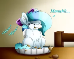 Size: 1280x1024 | Tagged: artist:colarix, bow, chest fluff, cupcake, cute, derpibooru import, eating, filly, foal, food, grin, happy, oc, oc:colarix, ribbon, safe, shoulder fluff, smiling, solo, unofficial characters only