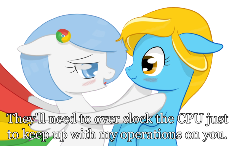 Size: 1504x926 | Tagged: safe, artist:xeirox, derpibooru import, edit, oc, oc:google chrome, oc:internet explorer, unofficial characters only, earth pony, pegasus, pony, blushing, browser ponies, caption, exploitable meme, female, google chrome, interchrome, interchrome meme, internet browser, internet explorer, lesbian, lesbian pony internet browsers, looking at each other, mare, meme, oc x oc, shipping