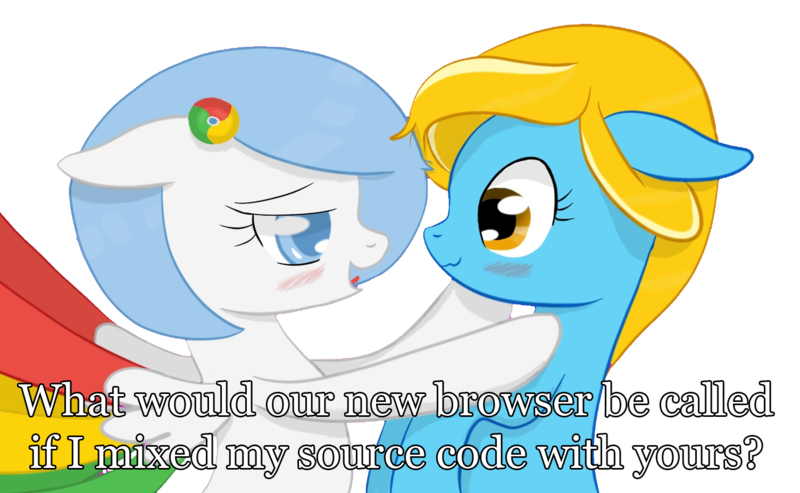 Size: 1504x926 | Tagged: safe, artist:xeirox, derpibooru import, edit, oc, oc:google chrome, oc:internet explorer, unofficial characters only, earth pony, pegasus, pony, blushing, browser ponies, caption, exploitable meme, female, google chrome, hilarious in hindsight, implied magical lesbian spawn, interchrome, interchrome meme, internet browser, internet explorer, lesbian, lesbian pony internet browsers, looking at each other, mare, meme, oc x oc, shipping