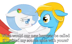 Size: 1504x926 | Tagged: safe, artist:xeirox, derpibooru import, edit, oc, oc:google chrome, oc:internet explorer, unofficial characters only, earth pony, pegasus, pony, blushing, browser ponies, caption, exploitable meme, female, google chrome, hilarious in hindsight, implied magical lesbian spawn, interchrome, interchrome meme, internet browser, internet explorer, lesbian, lesbian pony internet browsers, looking at each other, mare, meme, oc x oc, shipping