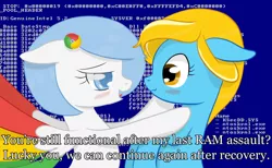 Size: 1504x926 | Tagged: suggestive, artist:xeirox, derpibooru import, edit, oc, oc:google chrome, oc:internet explorer, unofficial characters only, earth pony, pegasus, pony, blue screen of death, blushing, browser ponies, caption, exploitable meme, female, google chrome, interchrome, interchrome meme, internet browser, internet explorer, lesbian, lesbian pony internet browsers, looking at each other, mare, meme, oc x oc, shipping