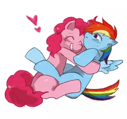 Size: 1360x1280 | Tagged: safe, artist:ao-kimidori, derpibooru import, pinkie pie, rainbow dash, :t, blank flank, blushing, cute, exclamation point, eyes closed, female, frown, grin, happy, heart, holding, hug, lesbian, on back, pinkiedash, pixiv, pouting, shipping, simple background, smiling, spread wings, sweat, wide eyes, wink